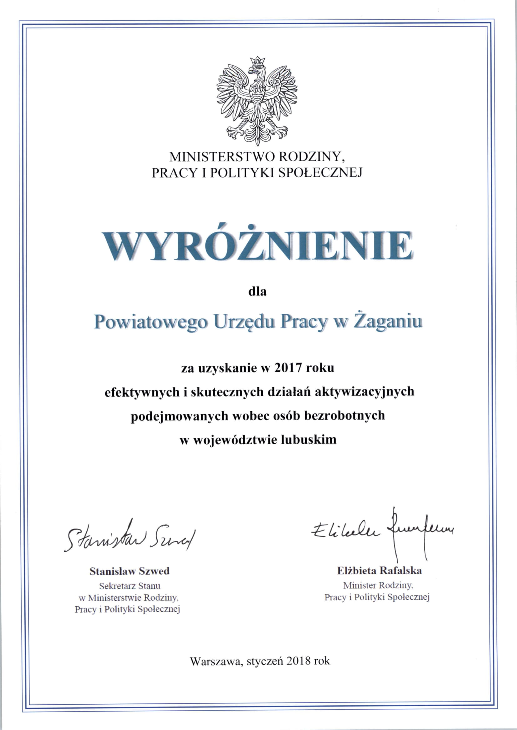 Dyplom uznania dla PUP w Żaganiu
