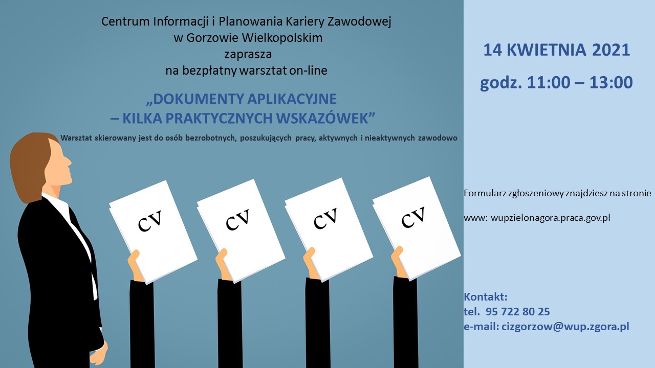 Plakat o szkoleniu dokumenty aplikacyjne 14.04.2021 r. 