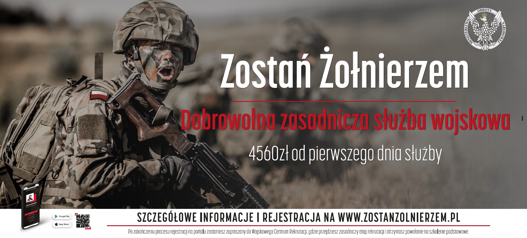 informacja dobrowolnej zasadniczej służbie wojskowej; na obrazie żołnierz w umundurowaniu bojowym