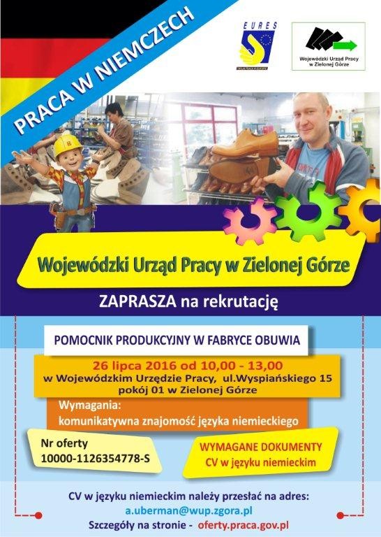 Plakat - rekrutacja dla niemieckiego pracodawcy na stanowisko pomocnika produkcyjnego w fabryce obuwia w Görlitz