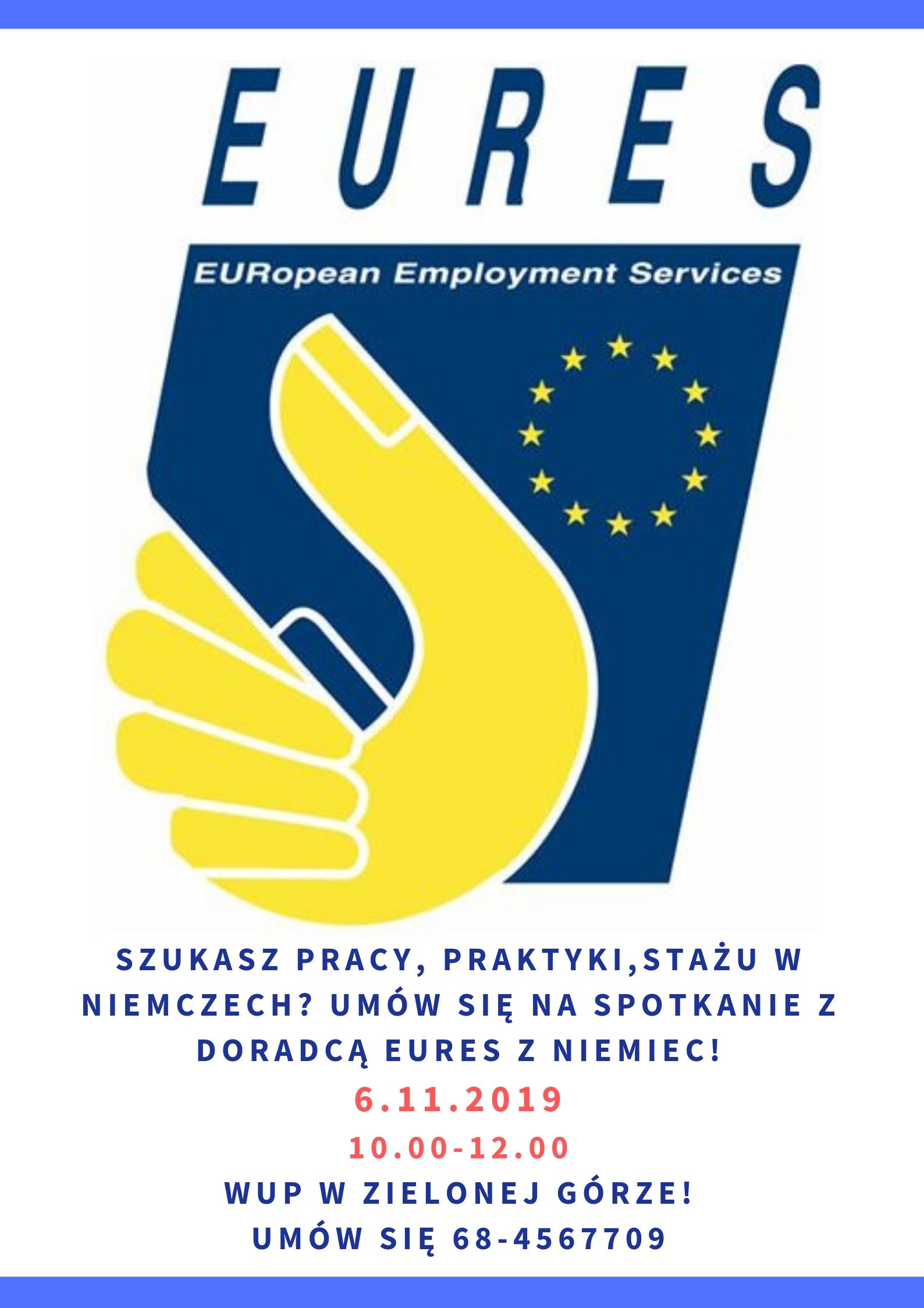 Plakat z logo eures oraz informacjami odnośnie spotkania dostępnymi w artykule