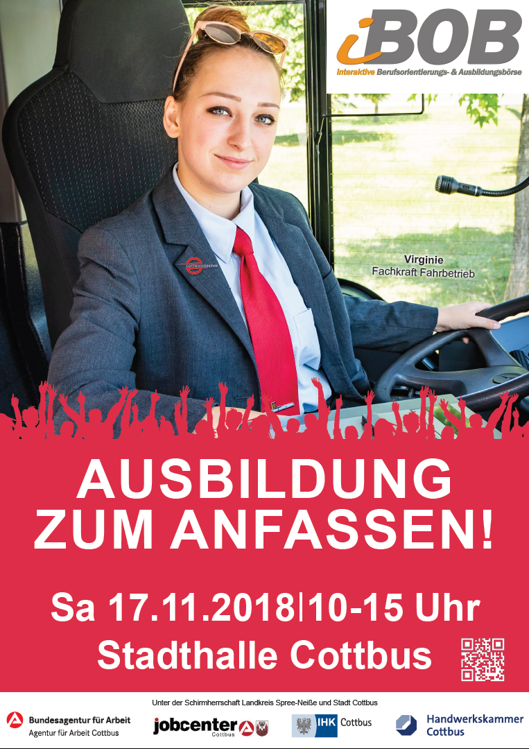 Plakat zapraszający na targi pracy w Cottbus. Plakat przedstawia kobietę za kierownić autobusu